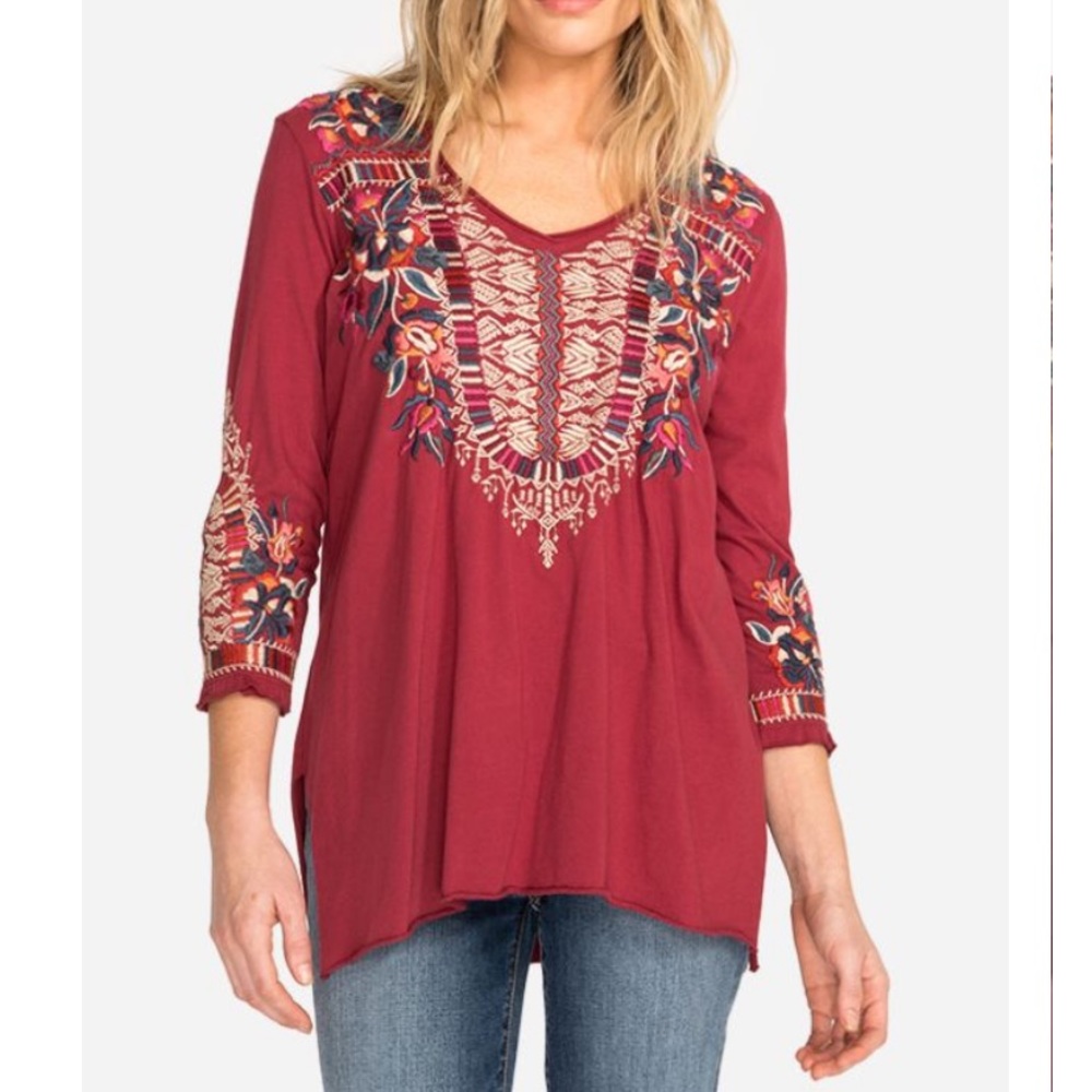 Johnny Was CLAUDE 3/4 KNIT DRAPE embroidered Top in XS